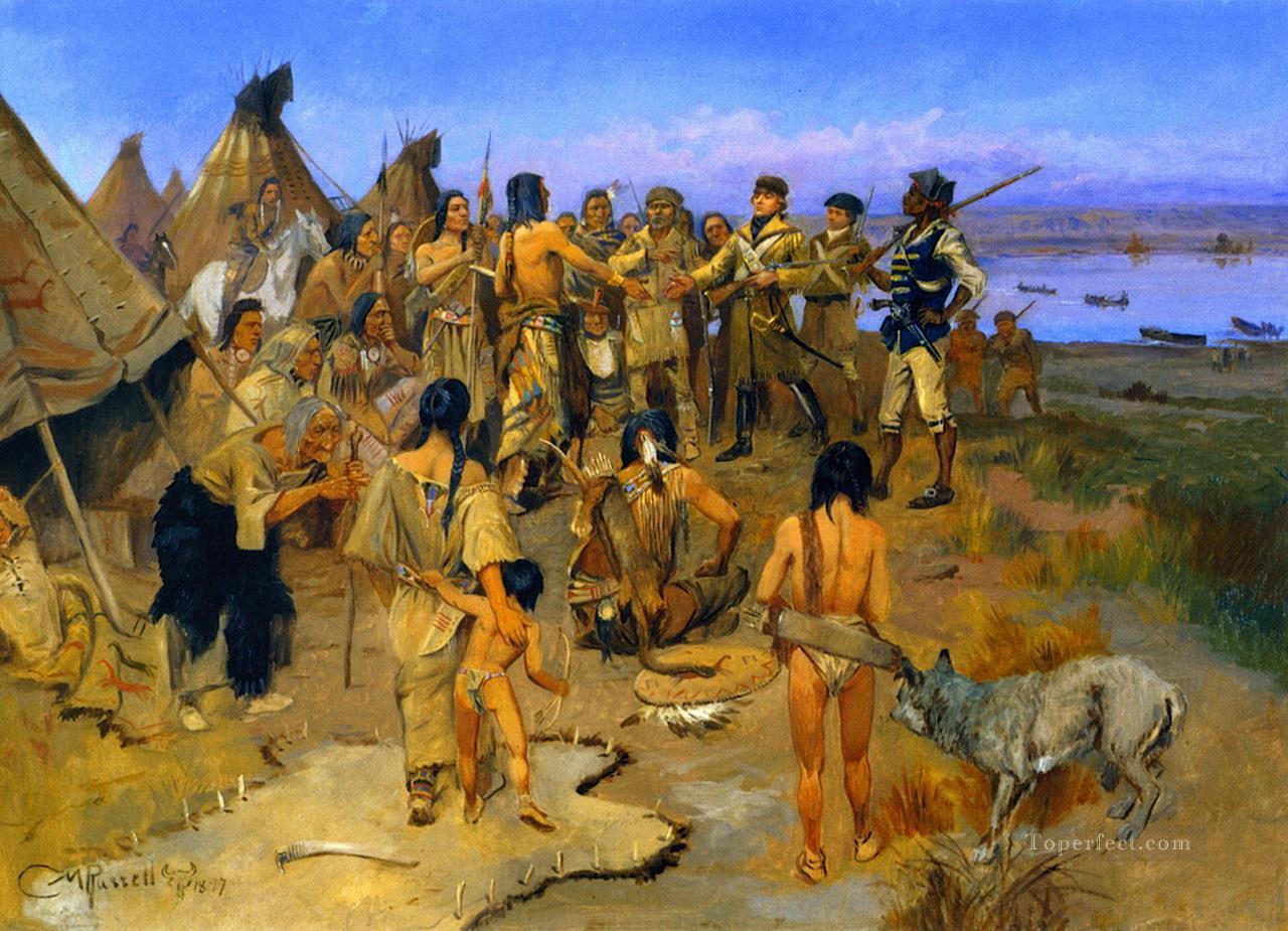 Lewis y Clark conociendo a los indios mandan 1897 Charles Marion Russell Pintura al óleo